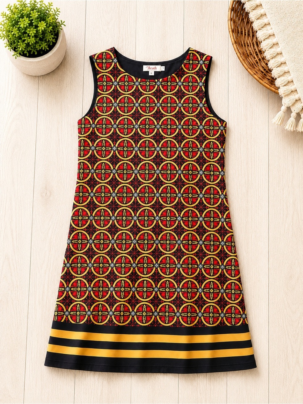 Aryeh Medallion Geometric Sleeveless  Shift Summer Dress with Black Stripe Hem